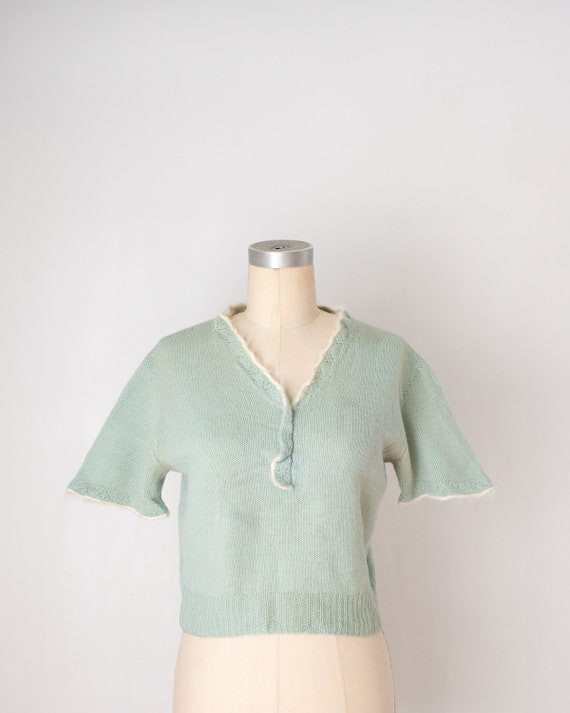 vintage 1930s 1940s blue wool sweater angora trim… - image 1