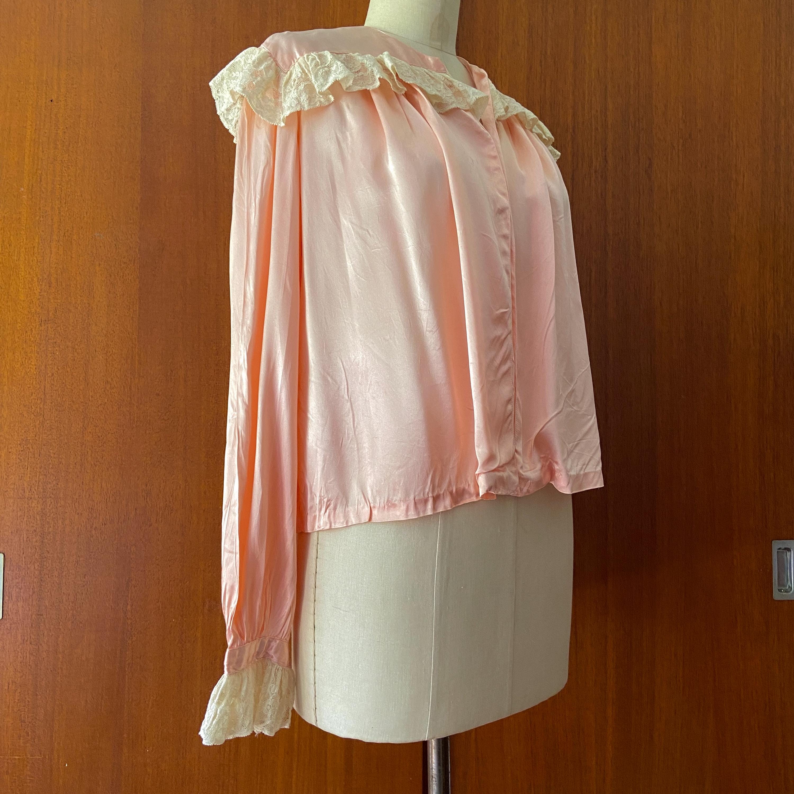 Vintage 1930s 1940s Pink Satin Bed Jacket Top Long Sleeve