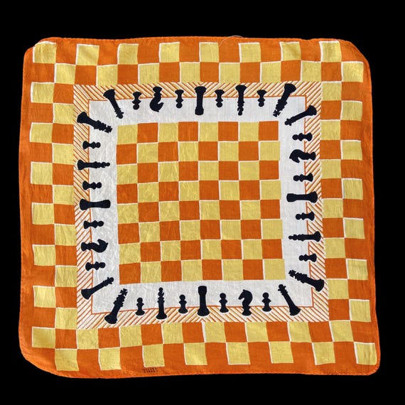 Vintage 1940s Chess Print Silk Scarf Novelty Orange