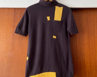 Suéter vintage de cachemira marrón de los años 60 con parches amarillos y manga corta para mujer, talla pequeña y mediana