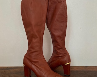 Vintage 1960s 1970s Brown Leather Gogo Boots Knee High Gold Accents Women's 6