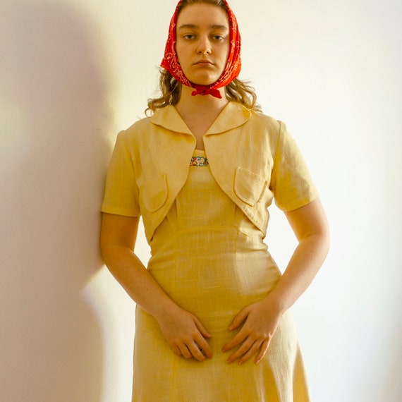 vintage 1930s 1940s yellow cotton dress and bolero