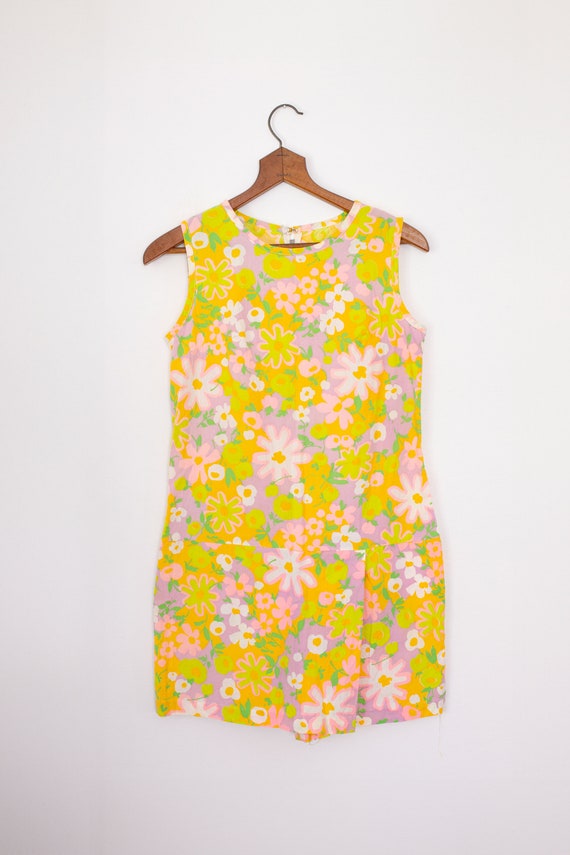 vintage 1960s flower print romper | day glo | cot… - image 2