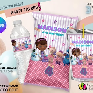 May include: Printable Doc McStuffins party favor set with three items: a water bottle label, a juice box wrapper, and a treat bag. The design features Doc McStuffins and her friends, with the text "Madison's 4th Birthday".