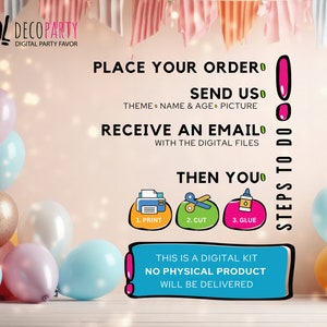 Op de afbeelding: Een digitale feestgunstset met instructies over het maken van een feestdecoratie. De instructies omvatten printen, knippen en lijmen. De afbeelding bevat ook de tekst "Dit is een digitale kit. Er wordt geen fysiek product geleverd."