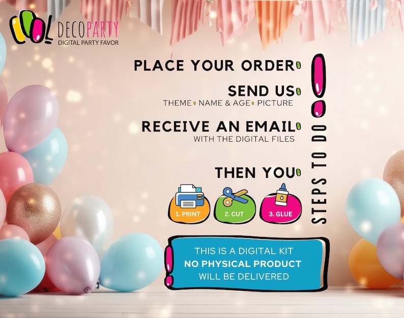 Op de afbeelding: Een digitale feestgunstset met instructies over het maken van een feestdecoratie. De instructies omvatten printen, knippen en lijmen. De afbeelding bevat ook de tekst "Dit is een digitale kit. Er wordt geen fysiek product geleverd."