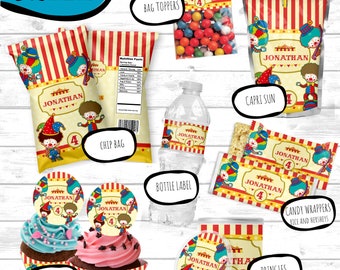 Carnival Party Printable Pack, Carnival Party Bundle labels, Circus chip capri water candy wrapper, Circus Party Favors, Add photo for Free