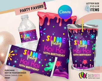 Pacchetto bomboniere SLIME canva, pacchetto modificabile Slime. Etichette per decorazioni Slime per feste, festa di compleanno per bambine. Modifica tu stesso. Slime baby bambini.