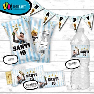 May include: A set of printable party decorations featuring a football player holding a trophy. The decorations include a banner that says "Happy", crisp bags, sweet wrappers, and a water bottle label. All of the items feature a blue and white striped background with gold stars and the text "Santi 10".