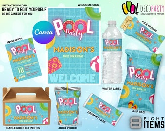 Pool Party-bundel bewerkbaar, Pool Party-decoraties, Splash Party bewerkbare bundel, Summer Party-bundeldecoratie 8 digitale items