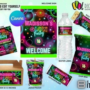 Glow Party Favors Bundle Editable, Lets glow party. Neon Birthday Party favors