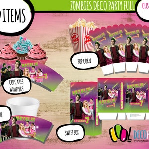 May include: A set of 20 printable party decorations featuring the characters from the movie Zombies. The set includes cupcake wrappers, a cup, a popcorn box, and a sweet box. The decorations are pink, green, and purple with a black and white image of the characters. The text "Zombies Deco Party Full" and "Customized Text" are at the top of the image.