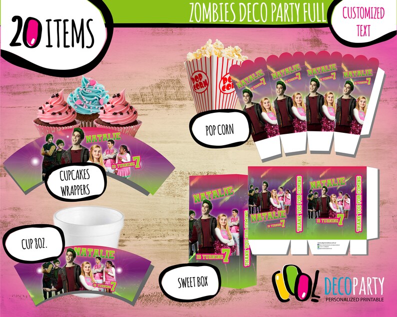 May include: A set of 20 printable party decorations featuring the characters from the movie Zombies. The set includes cupcake wrappers, a cup, a popcorn box, and a sweet box. The decorations are pink, green, and purple with a black and white image of the characters. The text "Zombies Deco Party Full" and "Customized Text" are at the top of the image.