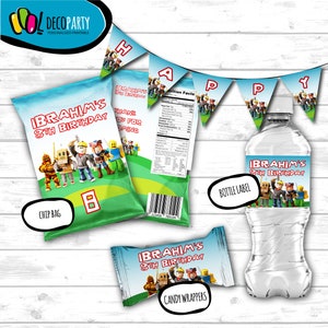 May include: Printable party supplies featuring a Roblox theme. Includes a chip bag, candy wrappers, a water bottle label, and a banner that reads "Happy".