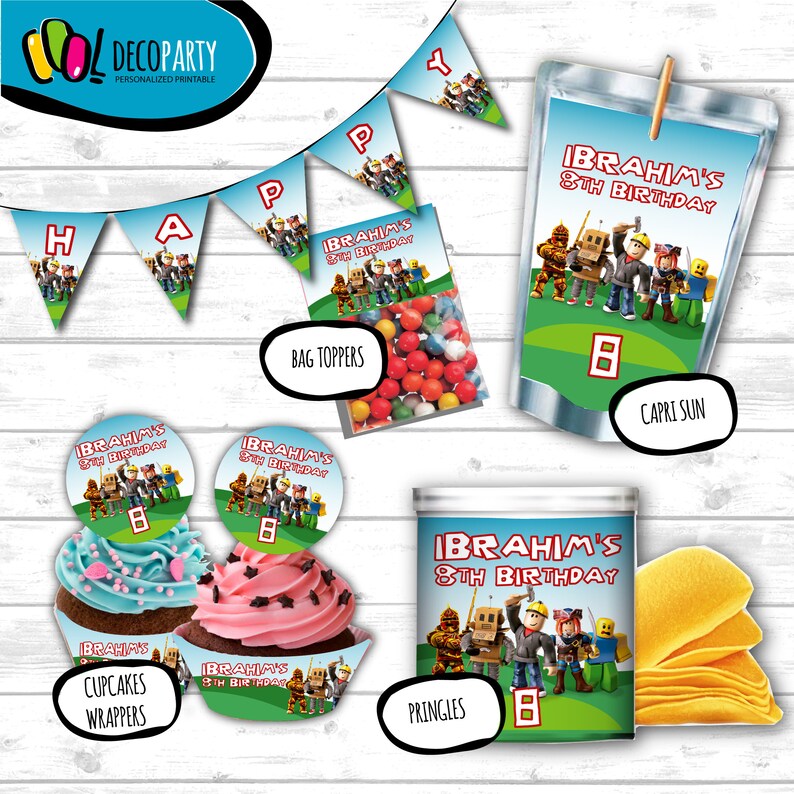May include: Printable party supplies featuring a Roblox theme with the name Ibrahim and the text "8th Birthday". The set includes a banner, cupcake wrappers, bag toppers, a Capri Sun pouch, a Pringles can, and a cupcake topper.