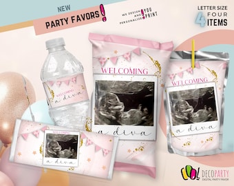 Gender-Girl-Enthüllungs-Dekorations-Party-Geschenkpaket, Babyparty-Party-Geschenkpaket mit Bild. Baby-Mädchen. Babyparty mit Bild