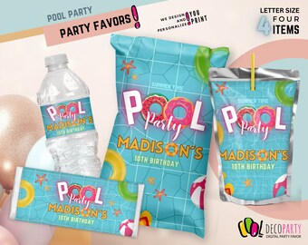 Poolparty-pakket, poolparty, splashparty-pakket, zomerfeestpakket met decoratie, 4 digitale items. Grappig poolparty-meisjesverjaardagsfeest.