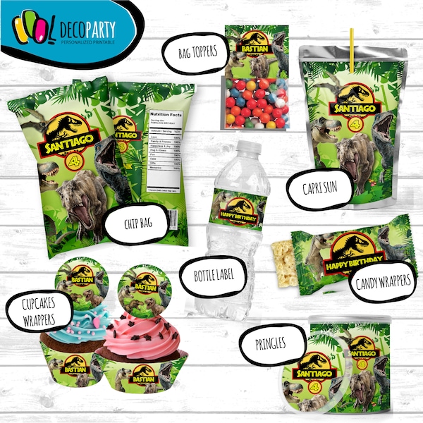 Jurassic Park Party Bundle labels, Dinosaur Party Bundle labels, Jurassic chip capri water candy wrapper, cupcakes wrapper