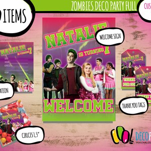 May include: A printable party decoration set for a zombie-themed party. The set includes a welcome sign, invitation, thank you tags, and circles. The welcome sign features the text "Natalie is turning 7" and a zombie-themed graphic. The invitation features the same text and graphic. The thank you tags feature the text "Thank you for coming" and a zombie-themed graphic. The circles feature the text "Natalie is turning 7" and a zombie-themed graphic.