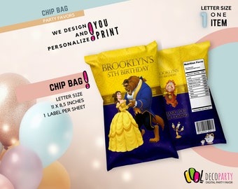 Beauty and the beast digital Chip Bag, Beauty beast party chip bag, beast beauty birthday decor, beauty beast party printable chip bag