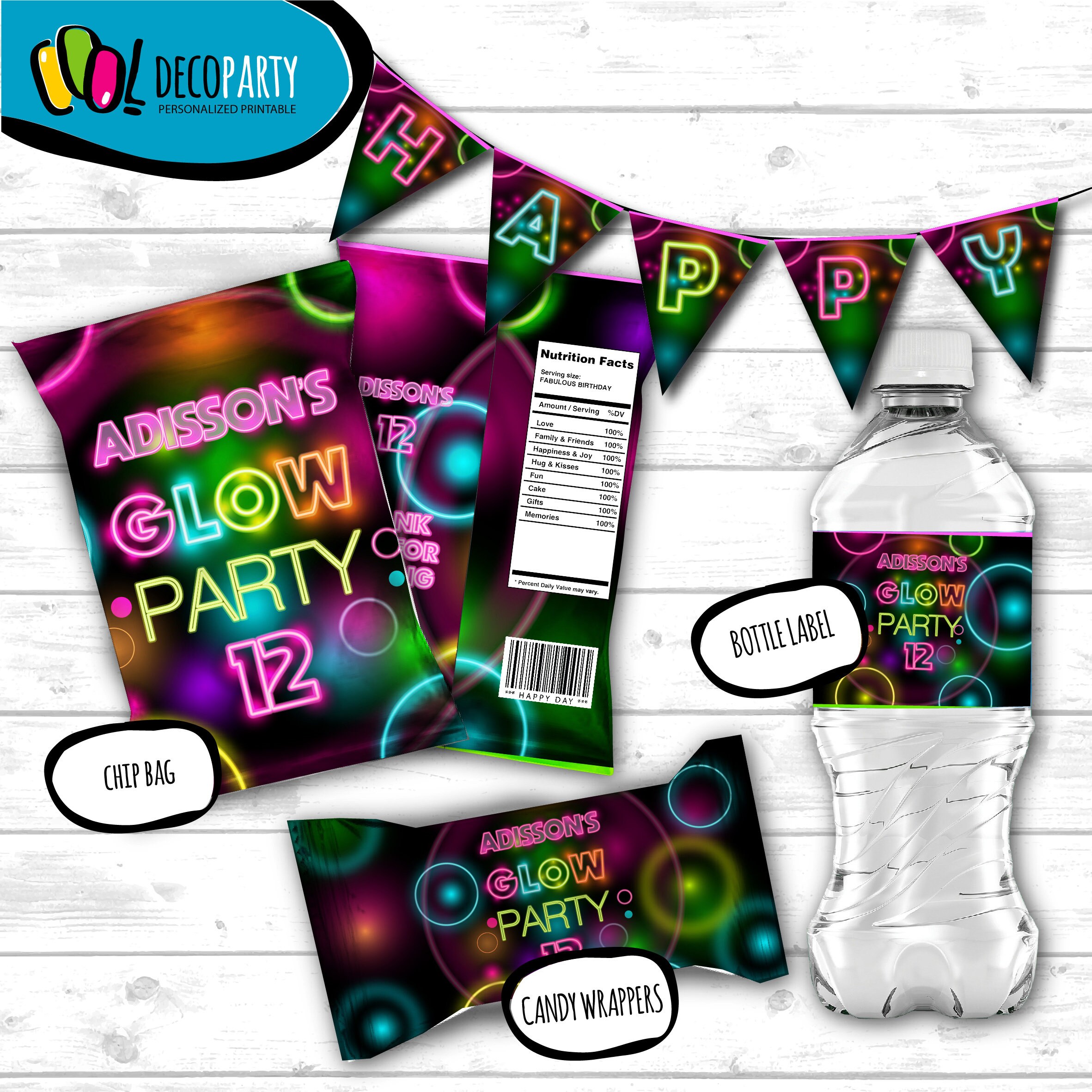 Glow Party Favors Printable Kit Glow Birthday Party Water Etsy