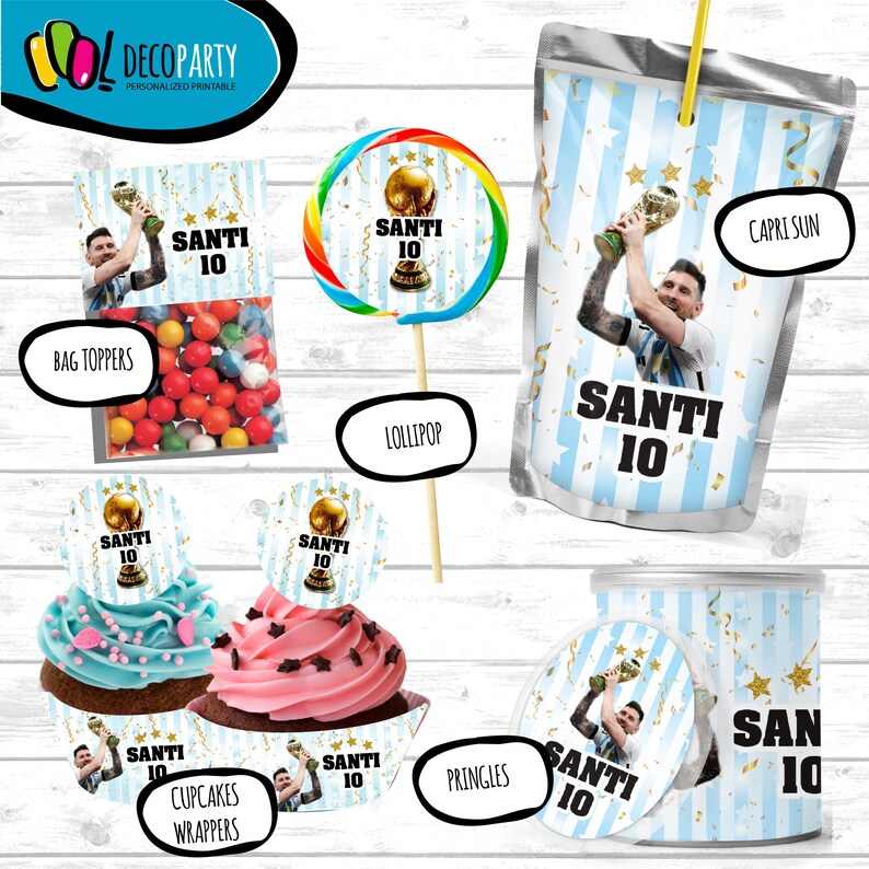 May include: A set of printable party decorations featuring a football theme with a blue and white colour scheme. The decorations include bag toppers, cupcake wrappers, a lollipop wrapper, a juice box wrapper, and a Pringles can wrapper. The decorations feature a football player holding a trophy and the text "Santi 10".