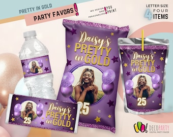 Luxuriöse, individuelle Partygeschenke zum 16. Geburtstag, hübsch in Gold und Lila, Partydekoration für Erwachsene, Abschlussball und Abschlussfeier 2024