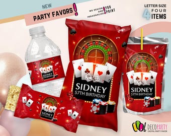 CASINO Party Bundle, Casino Decoration Party Favors, Casino party bundle chip capri water and rice krispy