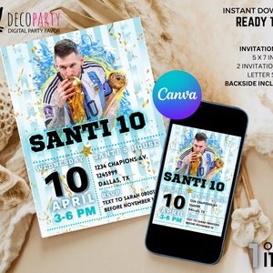Messi Editable Invitation,  Argentina World Cup Champions Invitation, Messi with the World Cup