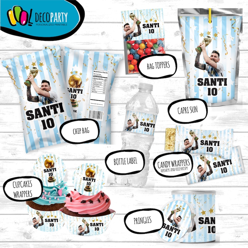 May include: A set of printable party decorations featuring a football player holding a trophy. The decorations include cupcake wrappers, crisp bags, sweet wrappers, bottle labels, and bag toppers. The decorations are blue and gold with the text "SANTI 10" on them.