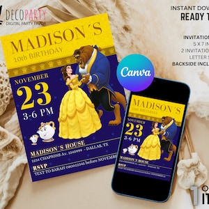 Party Editable Invitation Beauty and the Beast,  Beauty and the Beast Birthday Invitation, Belle Birthday Invite, beauty canva  editable