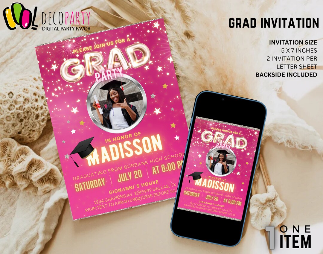 GRAD PROM Luxury Party Invite With Picture, Class of 2024 Grad ...