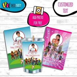 May include: Printable party favor labels featuring Roblox characters. The labels are blue and green with a photo placeholder and the text "MJS 7th Birthday!" The labels are designed for juice boxes.