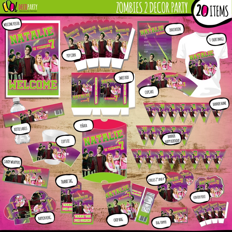 May include: A set of 20 printable party decorations featuring the characters from the Disney Channel movie "Zombies 2". The decorations include a welcome poster, invitations, cupcake wrappers, bottle labels, candy wrappers, a banner, a chip bag, a bag topper, a centrepiece, and more. The decorations are in pink, purple, green, and black.