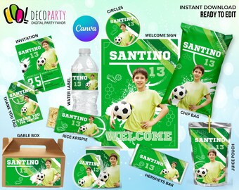 Football editable Party Bundle with PICTURE, Soccer Birthday Party Bundle Editable 11 digital items