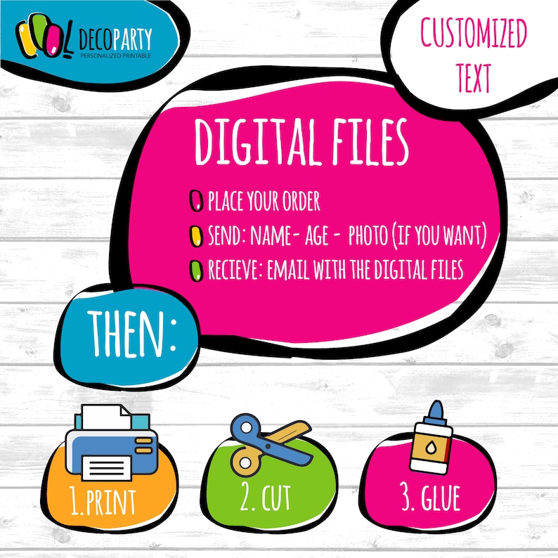 May include: A pink speech bubble with the text "DIGITAL FILES" and instructions on how to place an order, send information, and receive digital files. Below the speech bubble are three colourful circles with icons representing the steps to print, cut, and glue.