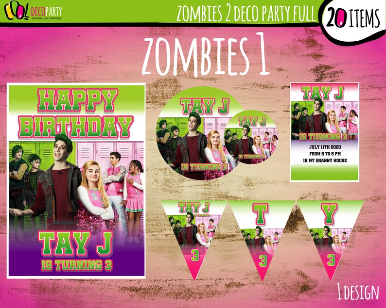 May include: A printable party pack for a Zombies themed birthday party. The pack includes a banner, a birthday card, and round labels. The labels feature the text "Tay J is turning 3" and a photo of the characters from the Zombies film. The birthday card features the text "Happy Birthday Tay J is turning 3" and a photo of the characters from the Zombies film. The banner features the text "Tay J is turning 3" and a photo of the characters from the Zombies film.
