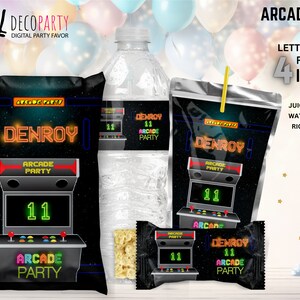 ARCADE Birthday Party Bundle, Arcade Decoration Party Favors, Arcade party bundle chip capri water and rice krispy