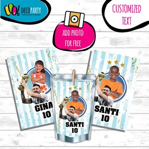 May include: Three juice box labels with a blue and white striped background. The labels feature a football player holding a trophy and a child's photo. The text on the labels reads "Gina 10" and "Santi 10".
