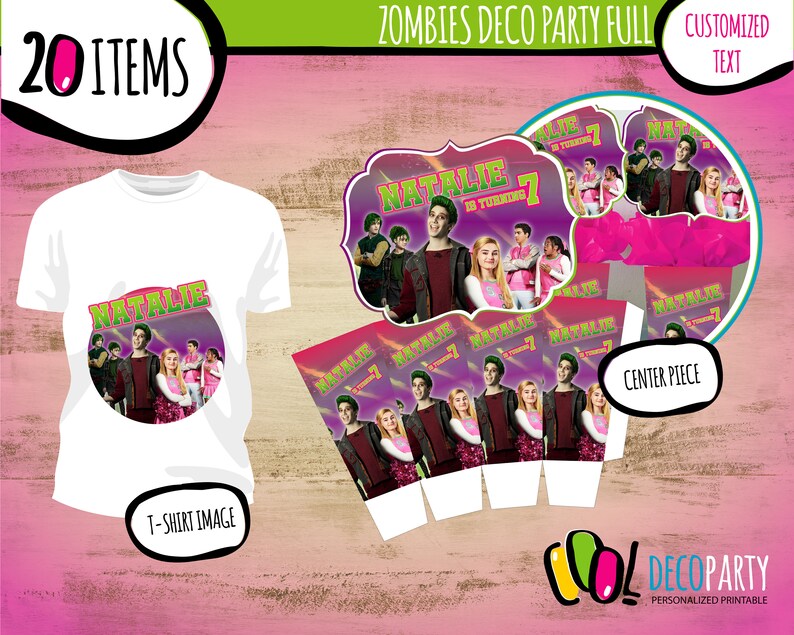May include: A printable party pack with a Zombies theme. The pack includes a t-shirt design, centrepiece, and favour boxes. The design features the characters from the Zombies movie with the text "Natalie is turning 7".