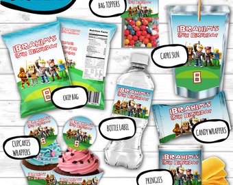 Roblox Birthday Party Pack Boy, Roblox decoration party set, Roblox Party Favors Set, Roblox chip bag capri sun water and wrapper