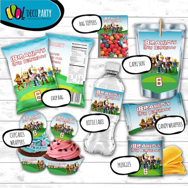 Roblox Birthday Party Pack Boy, Roblox decoration party set, Roblox Party Favors Set, Roblox chip bag capri sun water and wrapper