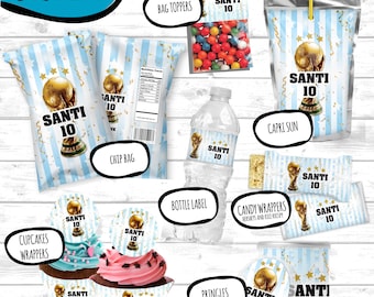 Argentina Party Bundle World Cup Champions, Argentina Juice Bag Chip Bag Water label & more, World Cup party favors, Argentina Party Decor