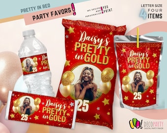 Luxuriöse, individuelle Partygeschenke zum 16. Geburtstag, hübsch in Gold und Rot, Partydekoration für Erwachsene, Abschlussball und Abschlussfeier 2024