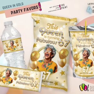 QUEEN in GOLD Party Pack, Queen and gold Birthday Party Decoration Bundle, jeans party, 60, 70 party Adults, diamonds
