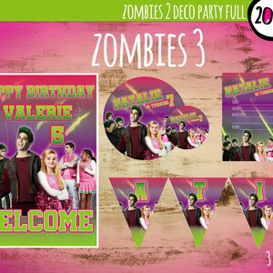 May include: A set of printable party decorations featuring characters from the movie Zombies 3. The set includes a welcome sign, a birthday sign, a banner, and invitations. The decorations are in pink, green, and purple with a space theme.