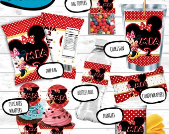 Minnie Birthday Party Bundle, Minnie Digital Party Favors Bundle Chips bag, juice bags, water bottle labels