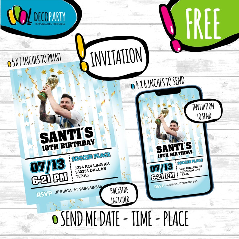 May include: A blue and white printable invitation for a 10th birthday party with a football theme. The invitation features a photo of a footballer holding a trophy. The text on the invitation reads "Santi's 10th Birthday" and includes the date, time, and location of the party. The invitation also includes an RSVP phone number.