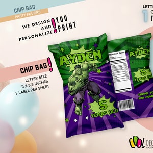 May include: Chip bag party favour featuring a green Hulk character with the name "AYDEN" and the text "5 Years Old". The bag is purple with green and yellow stars. The back of the bag has a nutrition facts label and the text "Thank You For Coming".