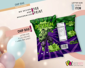 May include: Chip bag party favor featuring a green Hulk character with the name "AYDEN" and the text "5 Years Old". The bag is purple with green and yellow stars. The back of the bag has a nutrition facts label and the text "Thank You For Coming".